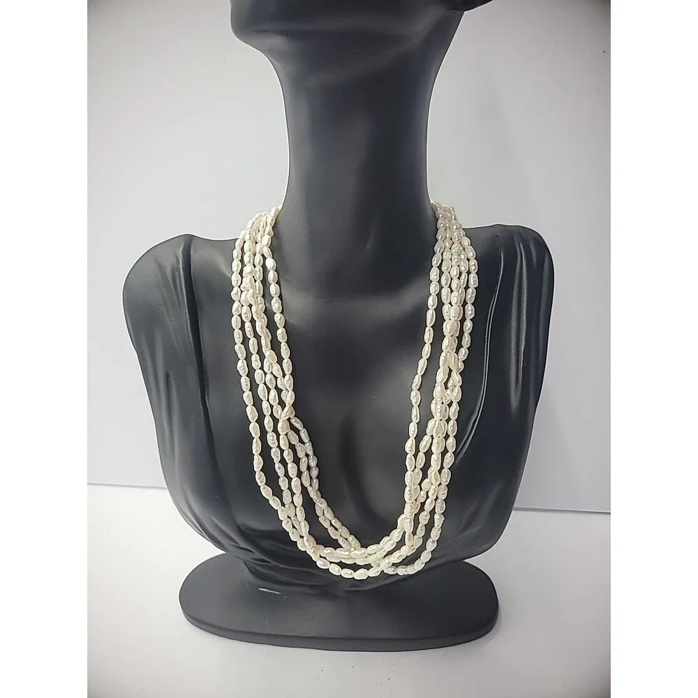 Vintage Necklace Multi Strand Beaded Gold Tone‎ White Bead Slide Clasp Jewelry